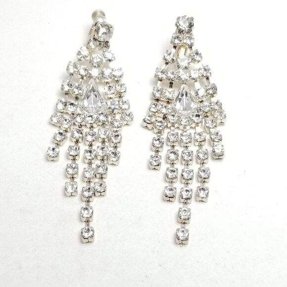 Vintage Fringe Dangle Rhinestone Silver Tone Clip On Earrings, Retro Sparkle - Picture 1 of 5